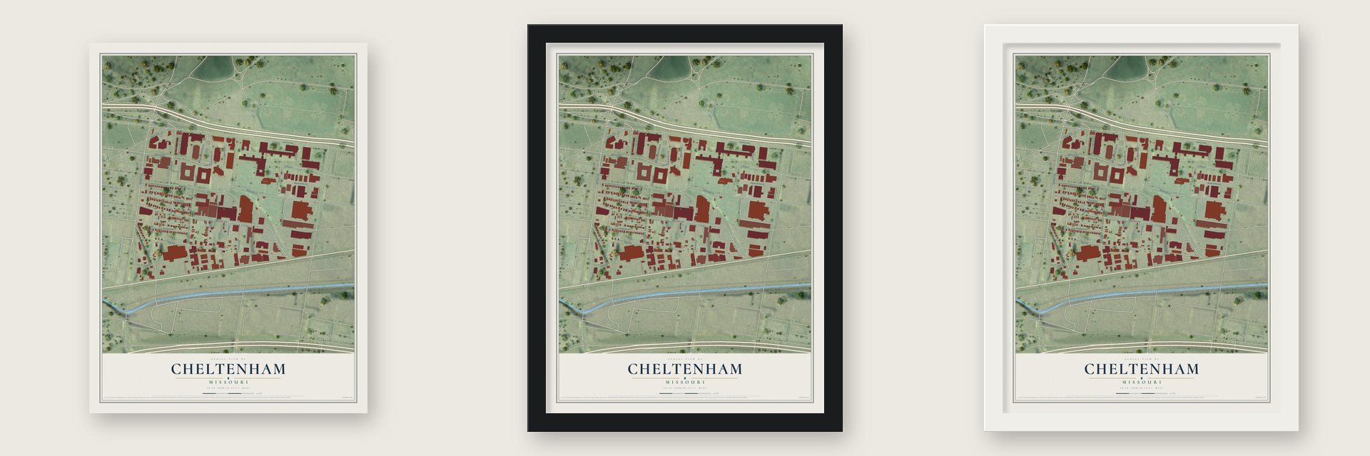 Cheltenham, Missouri map unframed, in a black wood frame and in a white wood frame
