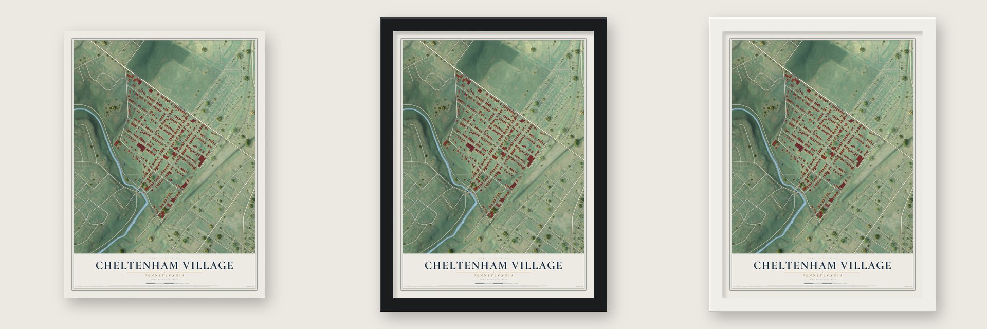 Cheltenham Village, Pennsylvania map unframed, in a black wood frame and in a white wood frame