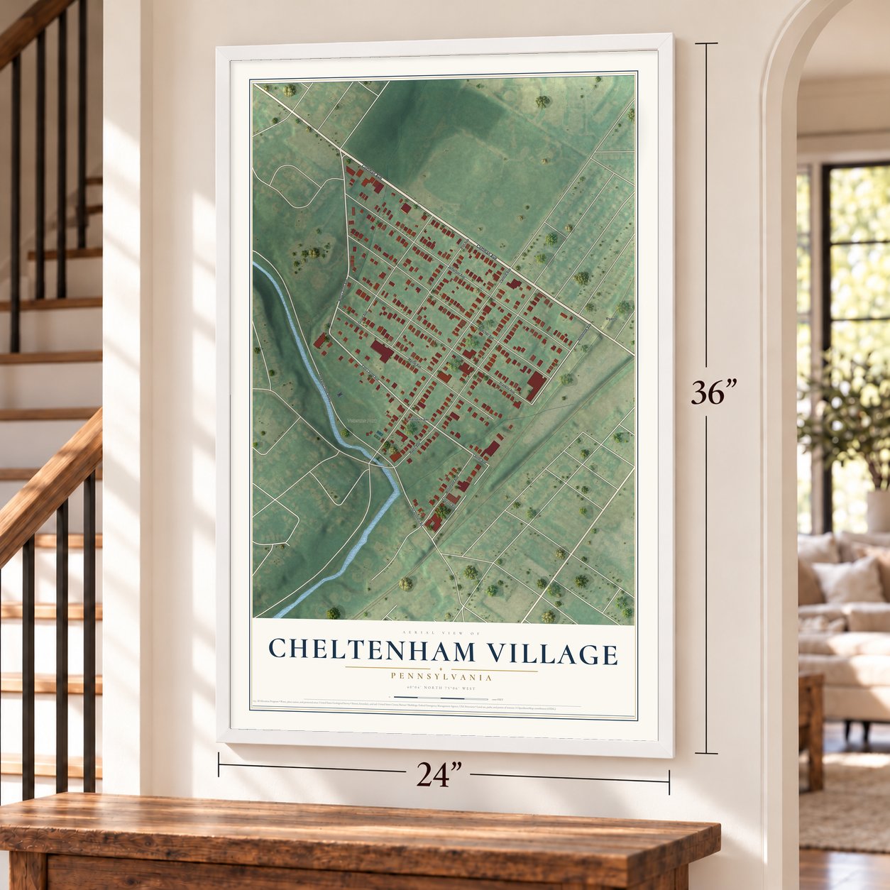 Cheltenham Village, Pennsylvania map, 24 x 36 inch print in a white frame by a staircase
