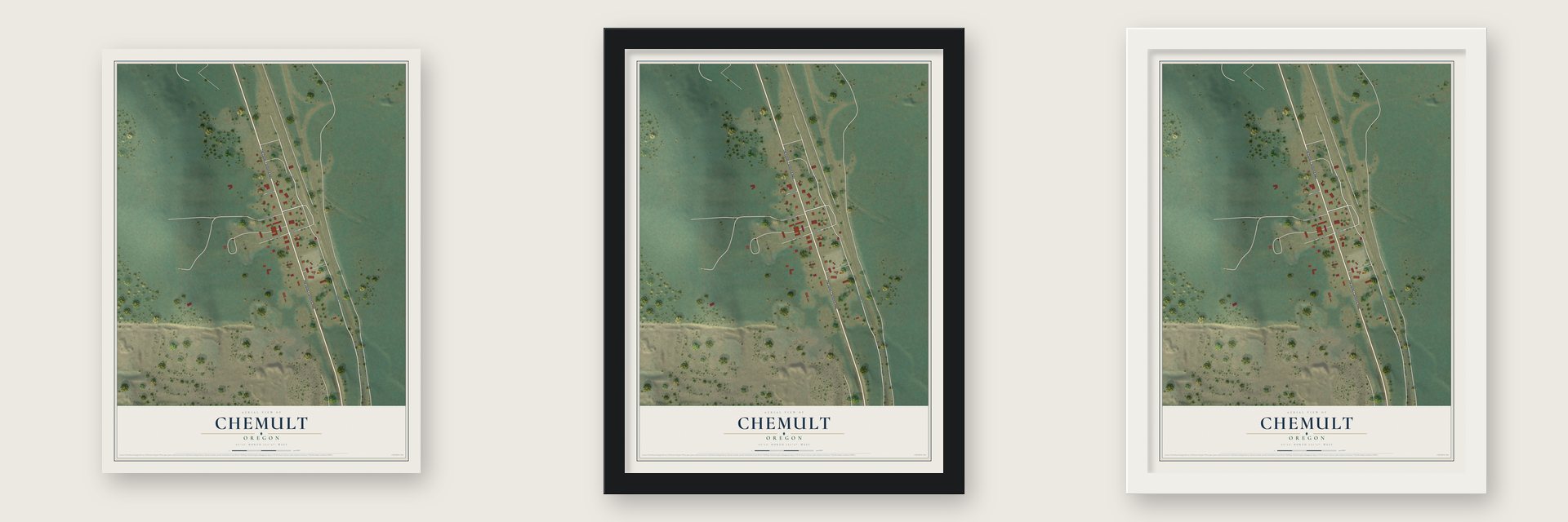 Chemult, Oregon map unframed, in a black wood frame and in a white wood frame