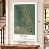 Chemult, Oregon map, 24 x 36 inch print in a white frame by a staircase