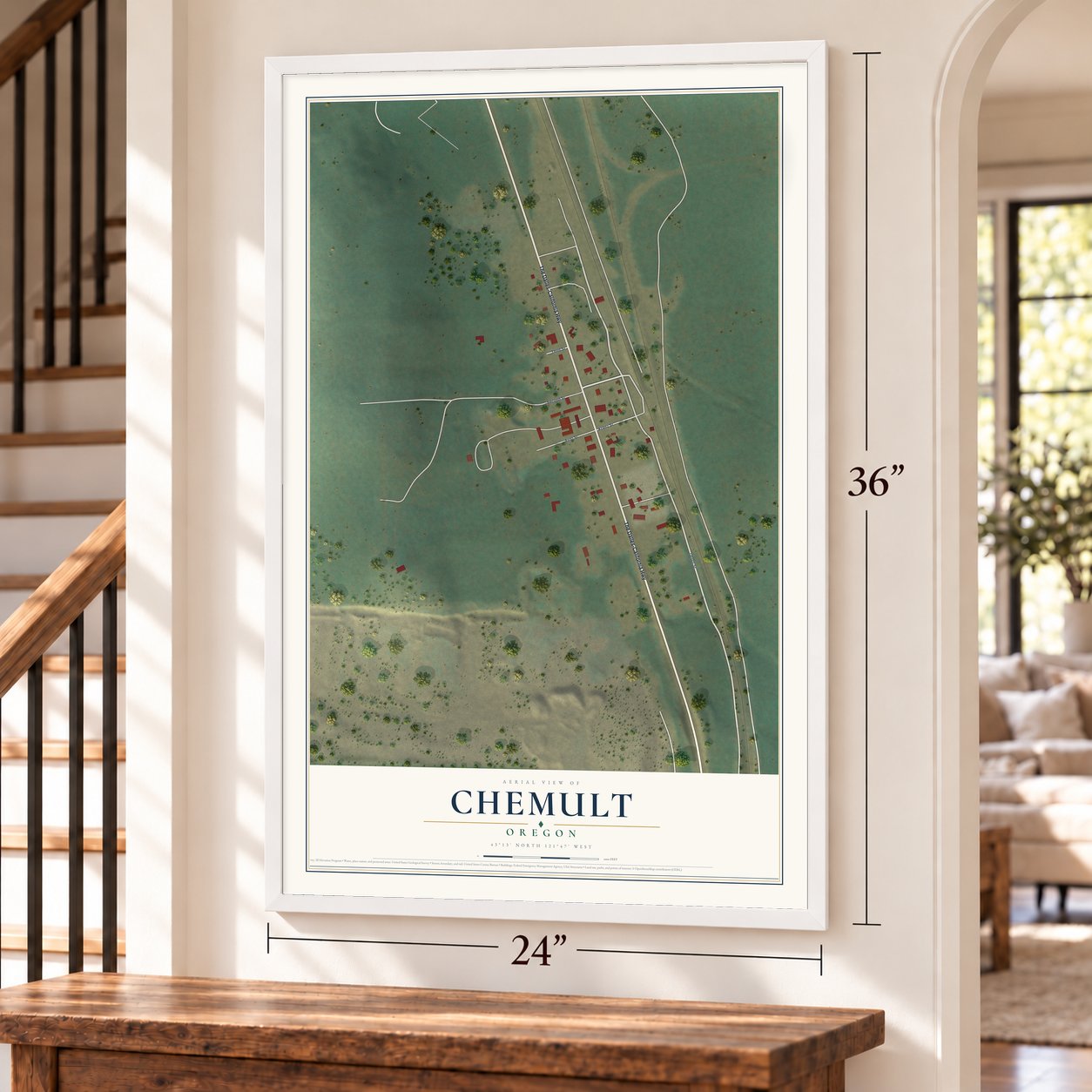 Chemult, Oregon map, 24 x 36 inch print in a white frame by a staircase