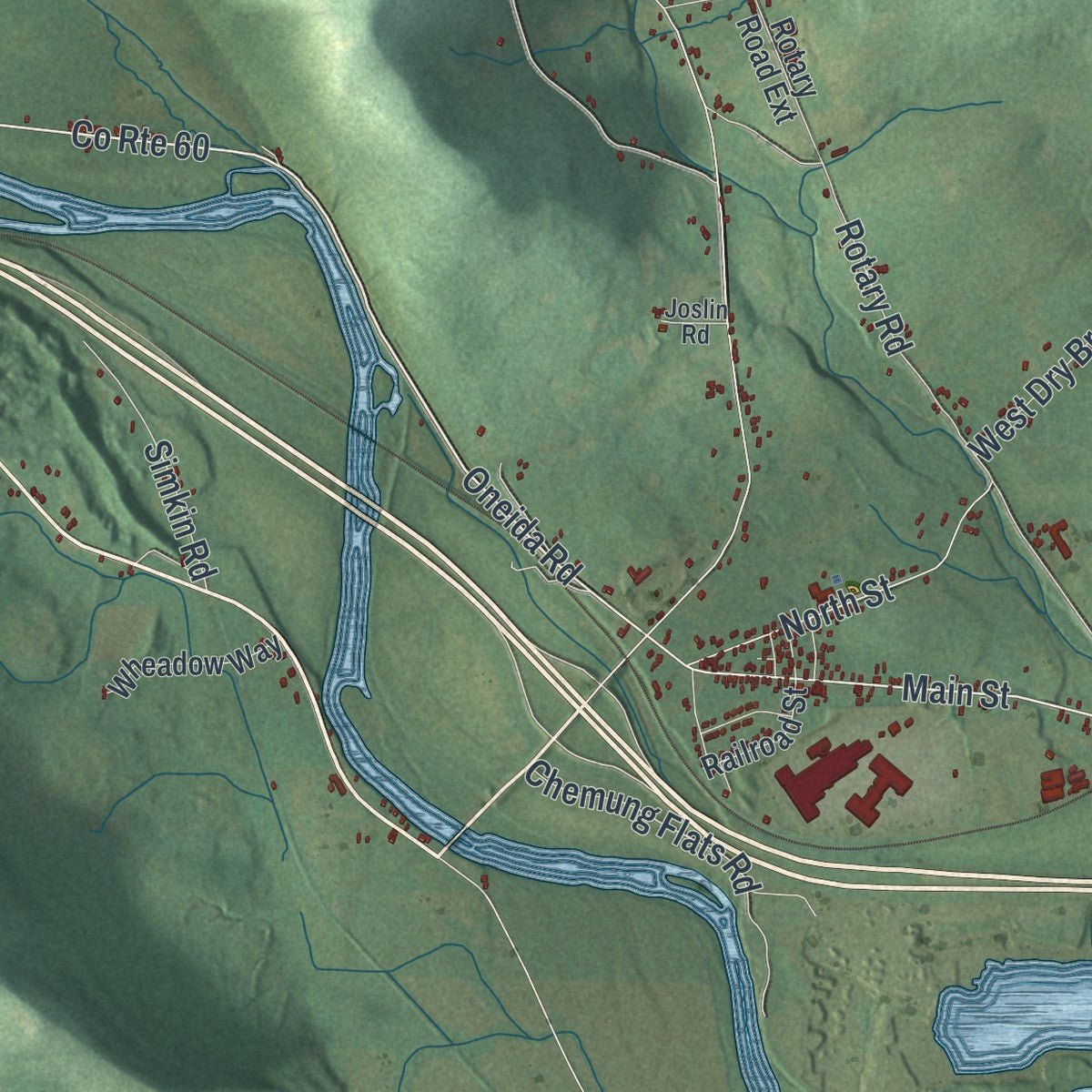 Second close-up of the map of Chemung, New York print showing more streets and buildings