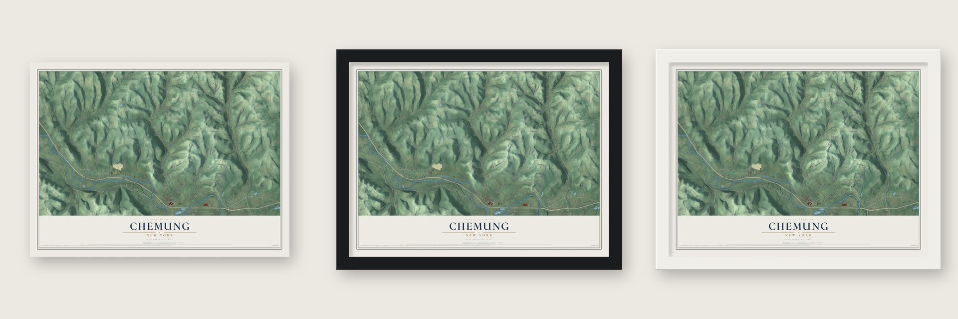 Chemung, New York map unframed, in a black wood frame and in a white wood frame