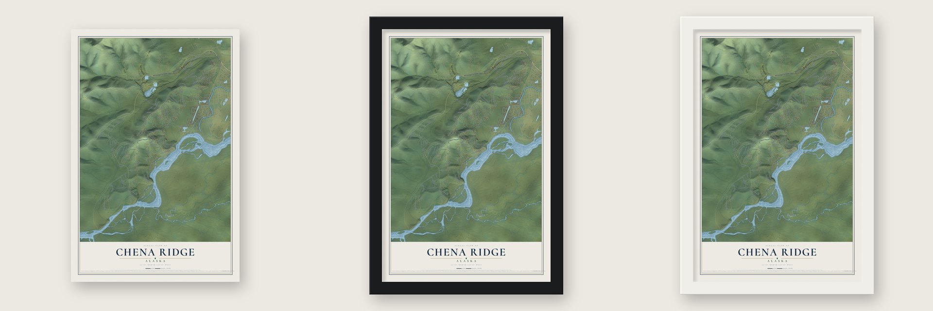 Chena Ridge, Alaska map unframed, in a black wood frame and in a white wood frame