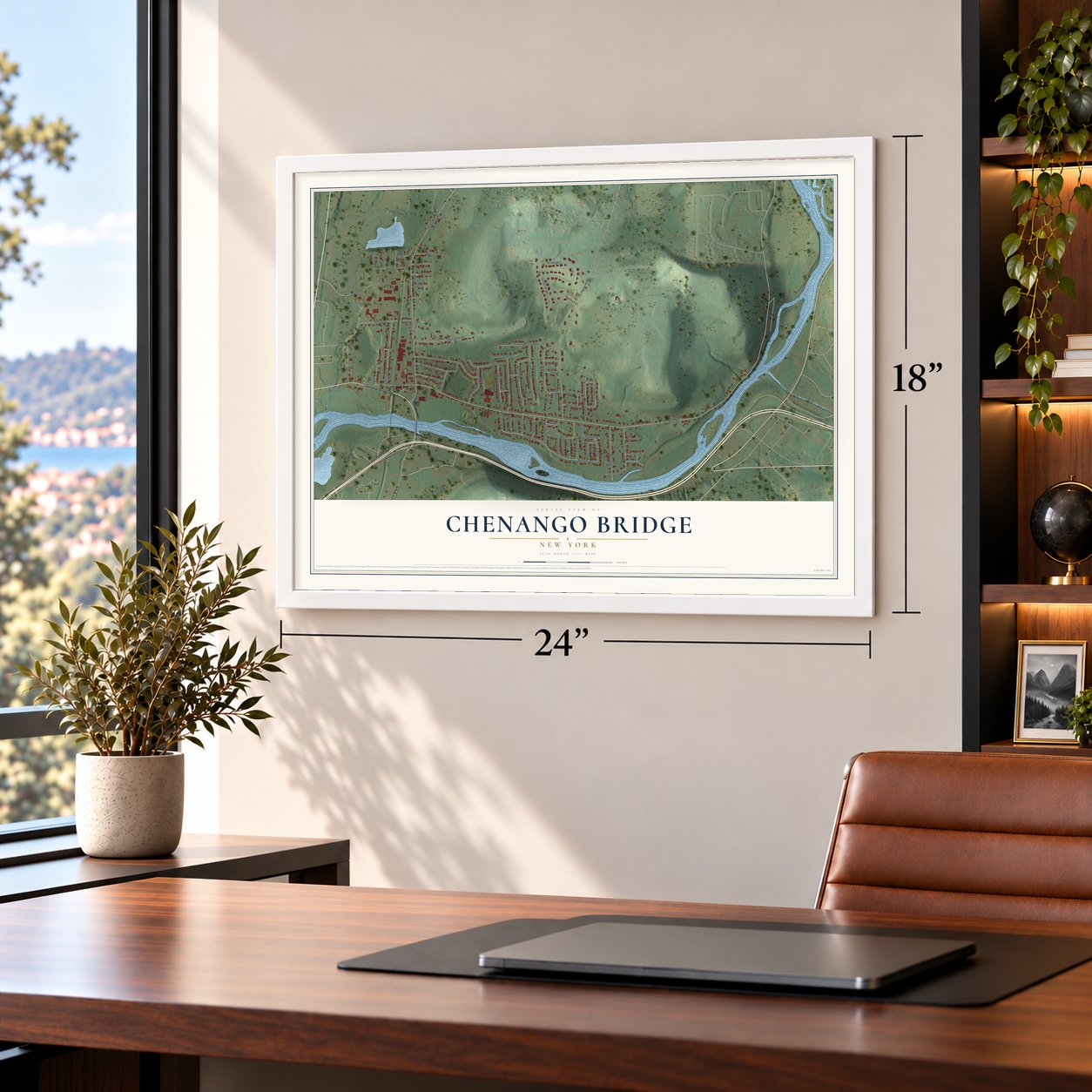Chenango Bridge, New York map, 18 x 24 inch print in a white frame in a home office