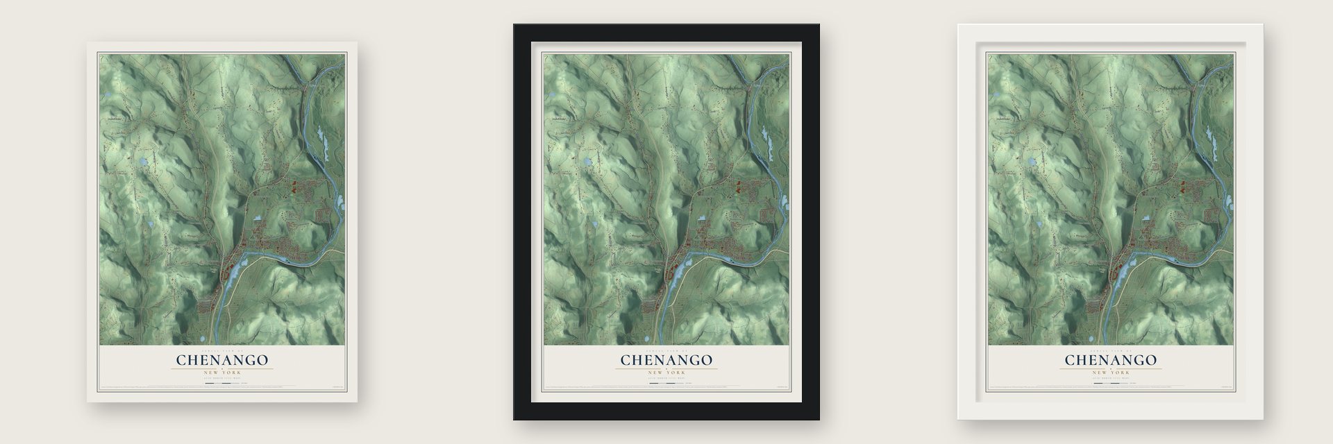 Chenango, New York map unframed, in a black wood frame and in a white wood frame