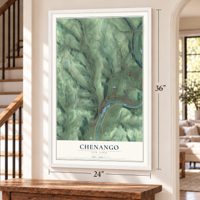 Chenango, New York map, 24 x 36 inch print in a white frame by a staircase