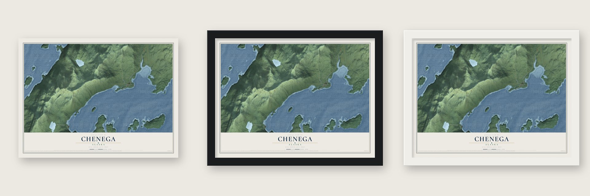 Chenega, Alaska map unframed, in a black wood frame and in a white wood frame