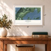 Chenega, Alaska map, 12 x 18 inch print in a white frame in an entryway