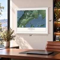 Chenega, Alaska map, 18 x 24 inch print in a white frame in a home office