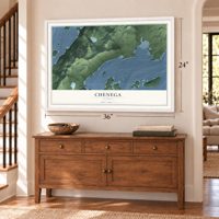 Chenega, Alaska map, 24 x 36 inch print in a white frame above a dresser by a staircase