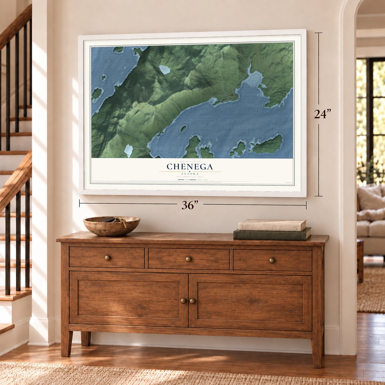 Chenega, Alaska map, 24 x 36 inch print in a white frame above a dresser by a staircase