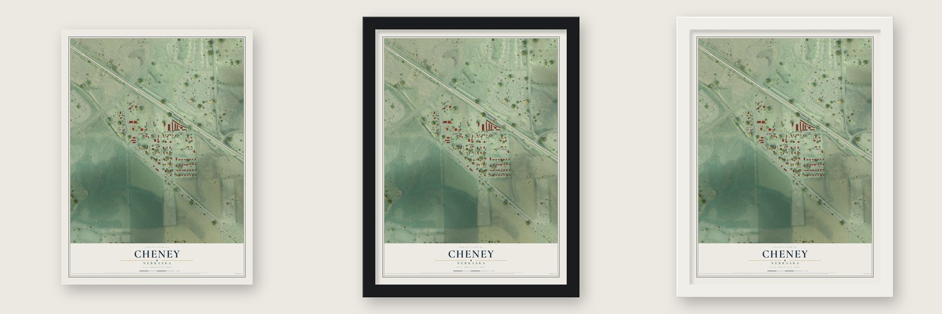 Cheney, Nebraska map unframed, in a black wood frame and in a white wood frame