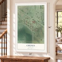 Cheney, Nebraska map, 24 x 36 inch print in a white frame by a staircase