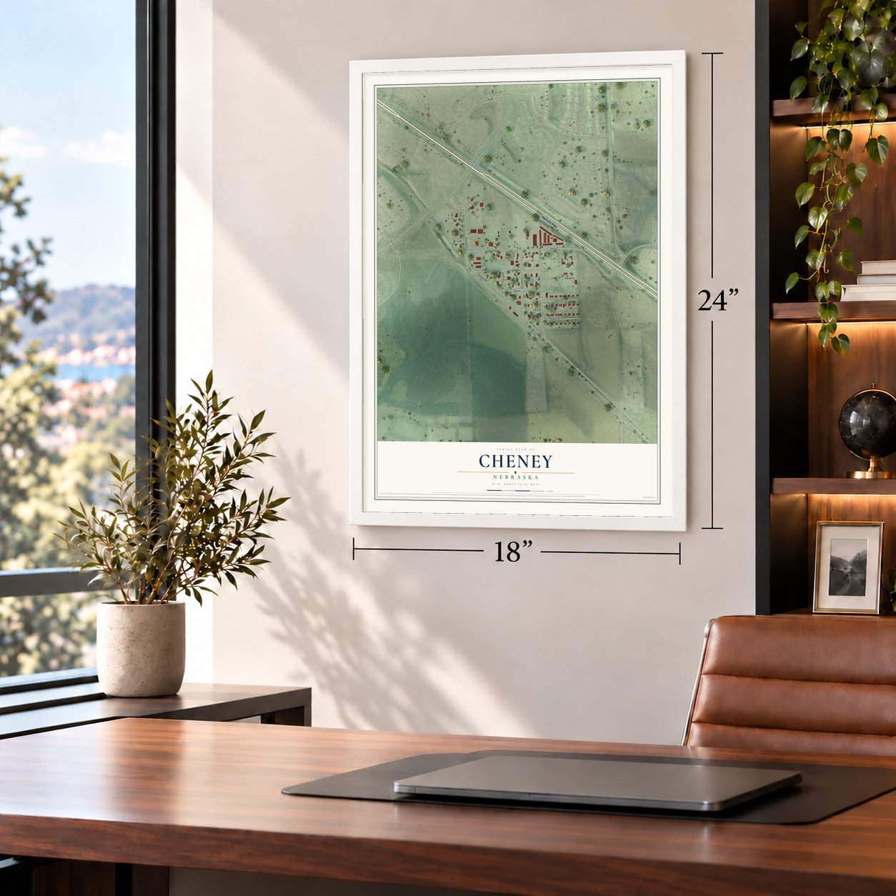 Cheney, Nebraska map, 18 x 24 inch print in a white frame in a home office