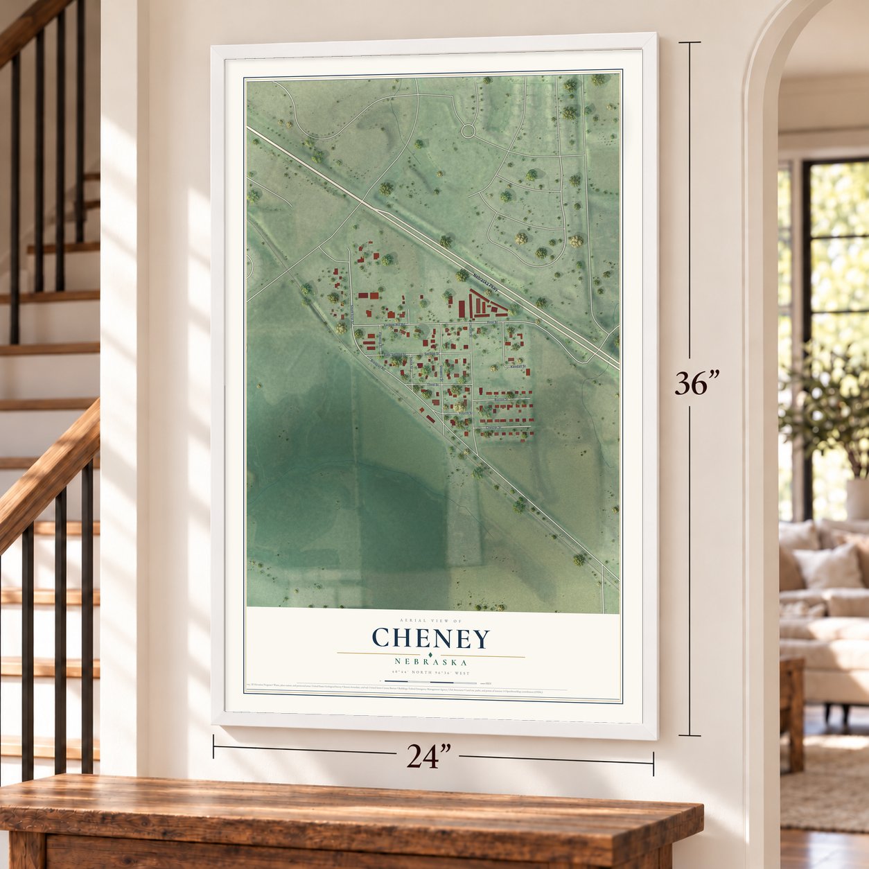 Cheney, Nebraska map, 24 x 36 inch print in a white frame by a staircase