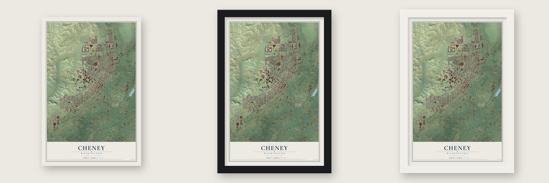 Cheney, Washington map unframed, in a black wood frame and in a white wood frame
