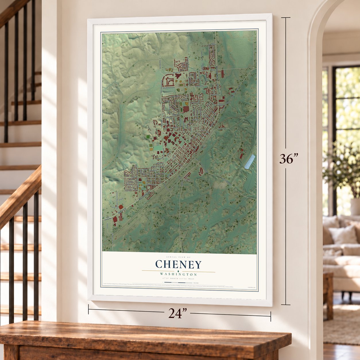 Cheney, Washington map, 24 x 36 inch print in a white frame by a staircase