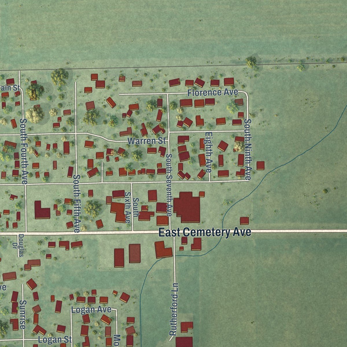 Second close-up of the map of Chenoa, Illinois print showing more streets and buildings
