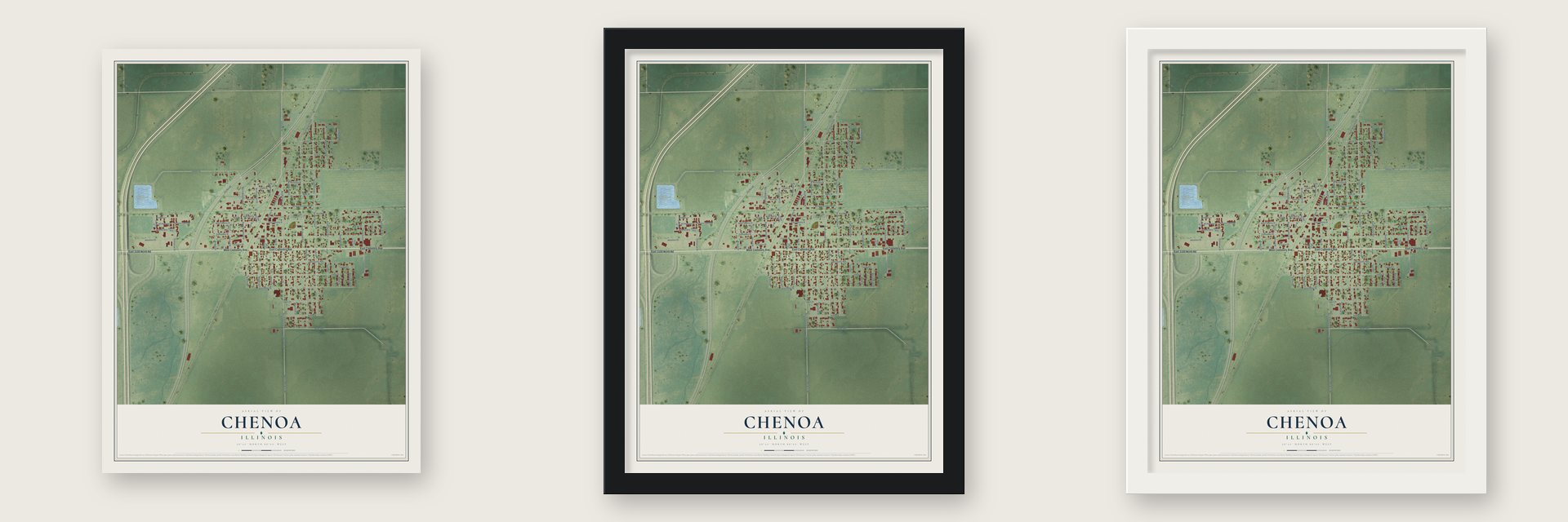 Chenoa, Illinois map unframed, in a black wood frame and in a white wood frame