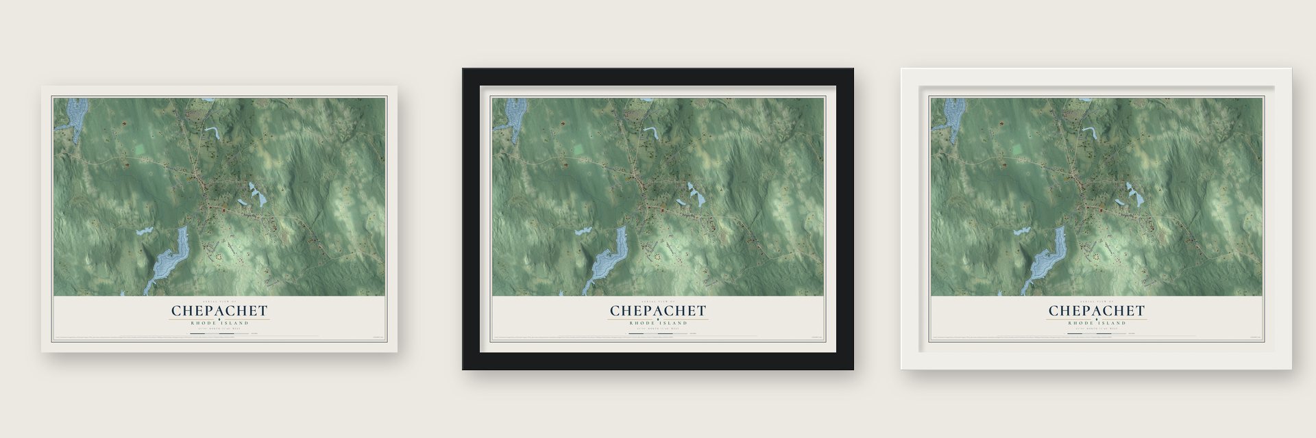 Chepachet, Rhode Island map unframed, in a black wood frame and in a white wood frame