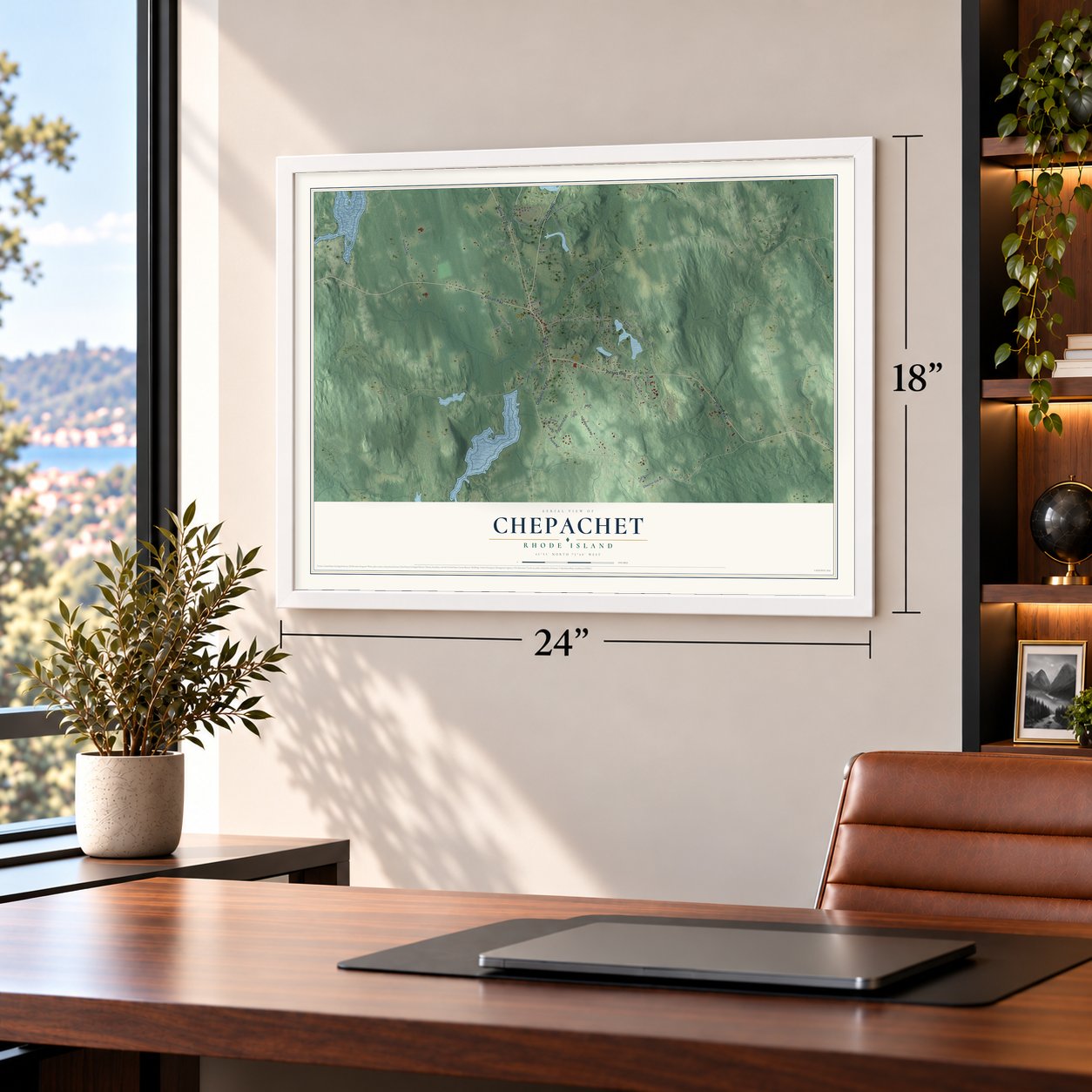 Chepachet, Rhode Island map, 18 x 24 inch print in a white frame in a home office