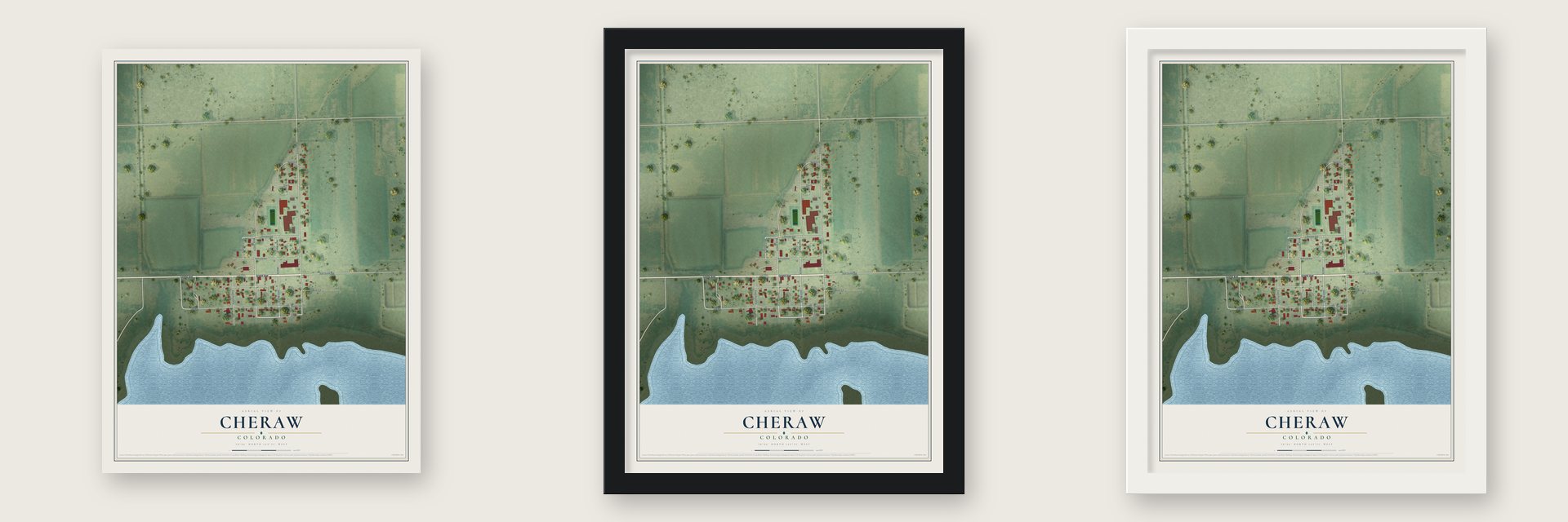 Cheraw, Colorado map unframed, in a black wood frame and in a white wood frame