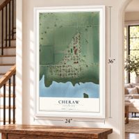 Cheraw, Colorado map, 24 x 36 inch print in a white frame by a staircase