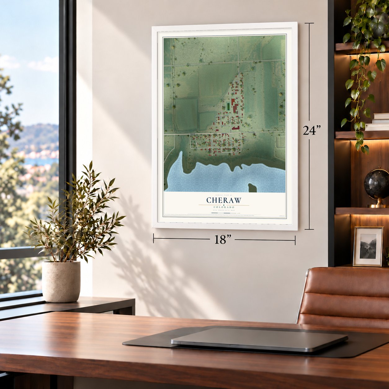 Cheraw, Colorado map, 18 x 24 inch print in a white frame in a home office