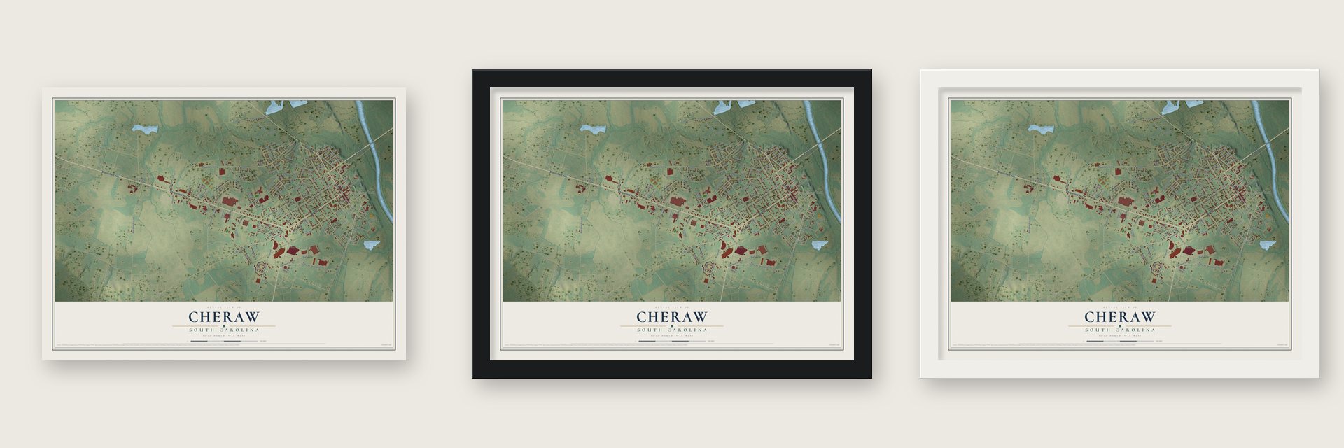 Cheraw, South Carolina map unframed, in a black wood frame and in a white wood frame