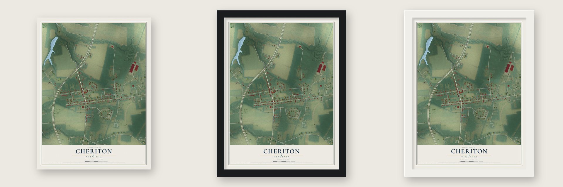 Cheriton, Virginia map unframed, in a black wood frame and in a white wood frame