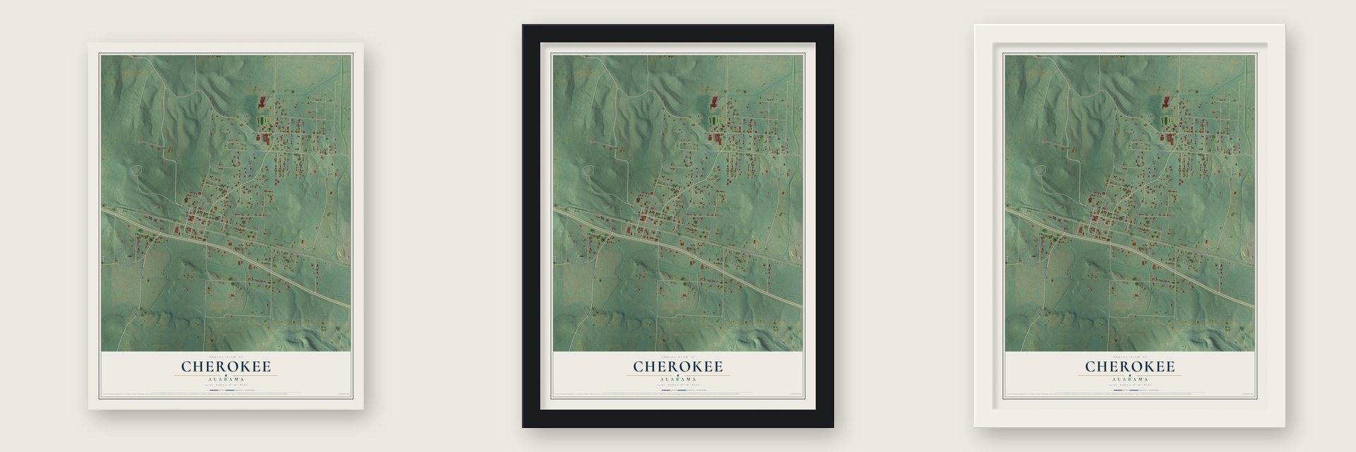Cherokee, Alabama map unframed, in a black wood frame and in a white wood frame