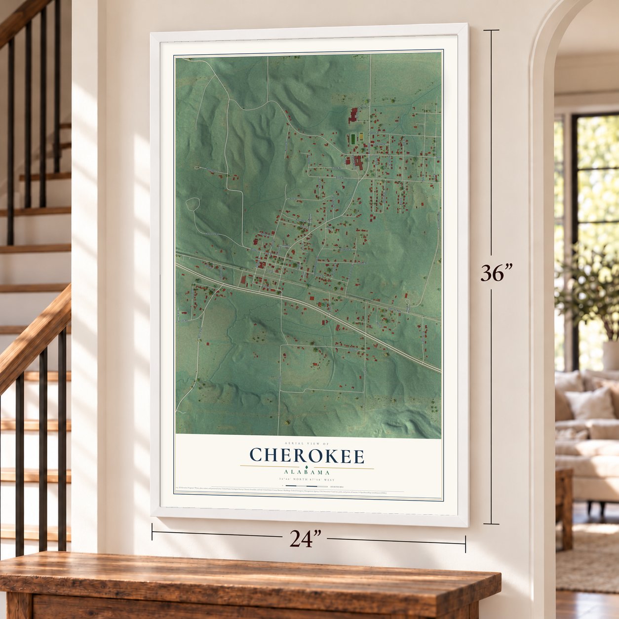 Cherokee, Alabama map, 24 x 36 inch print in a white frame by a staircase