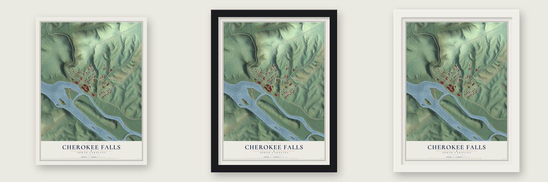 Cherokee Falls, South Carolina map unframed, in a black wood frame and in a white wood frame