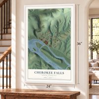 Cherokee Falls, South Carolina map, 24 x 36 inch print in a white frame by a staircase