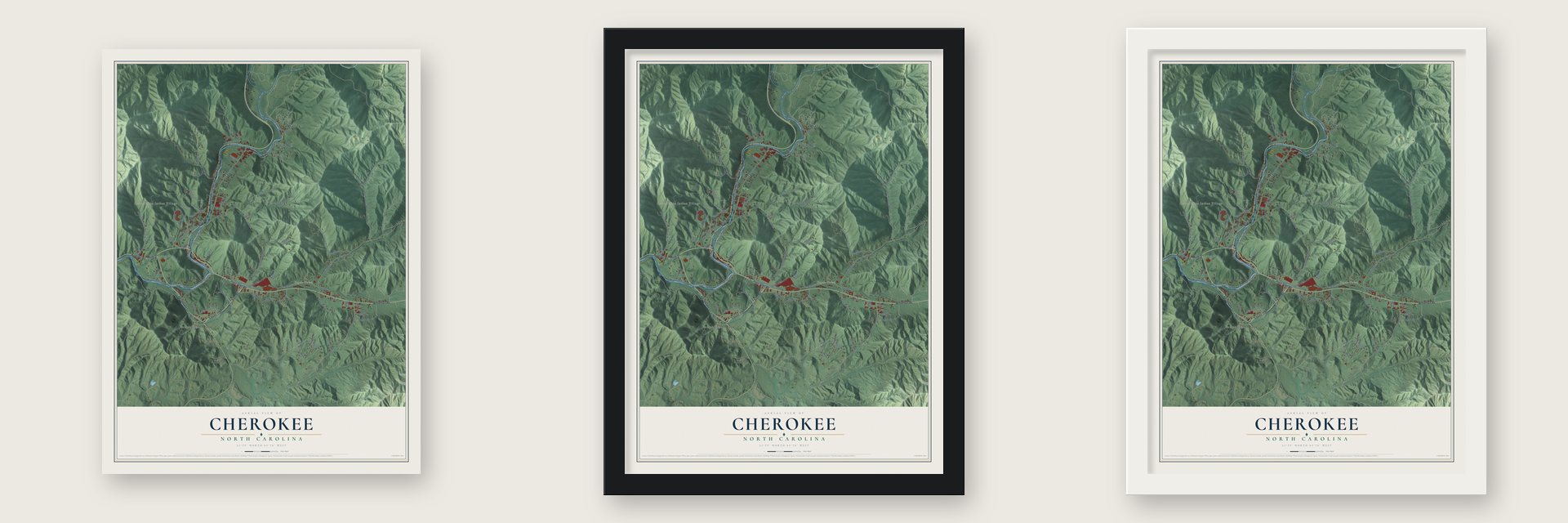 Cherokee, North Carolina map unframed, in a black wood frame and in a white wood frame