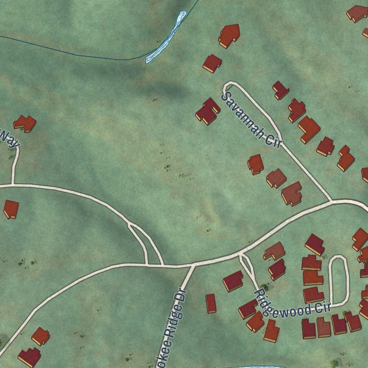 Second close-up of the map of Cherokee Ridge, Alabama print showing more streets and buildings