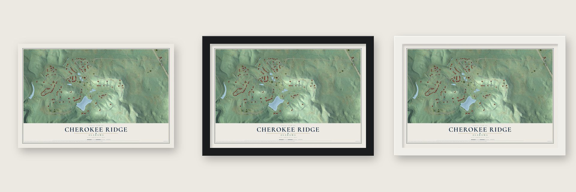 Cherokee Ridge, Alabama map unframed, in a black wood frame and in a white wood frame