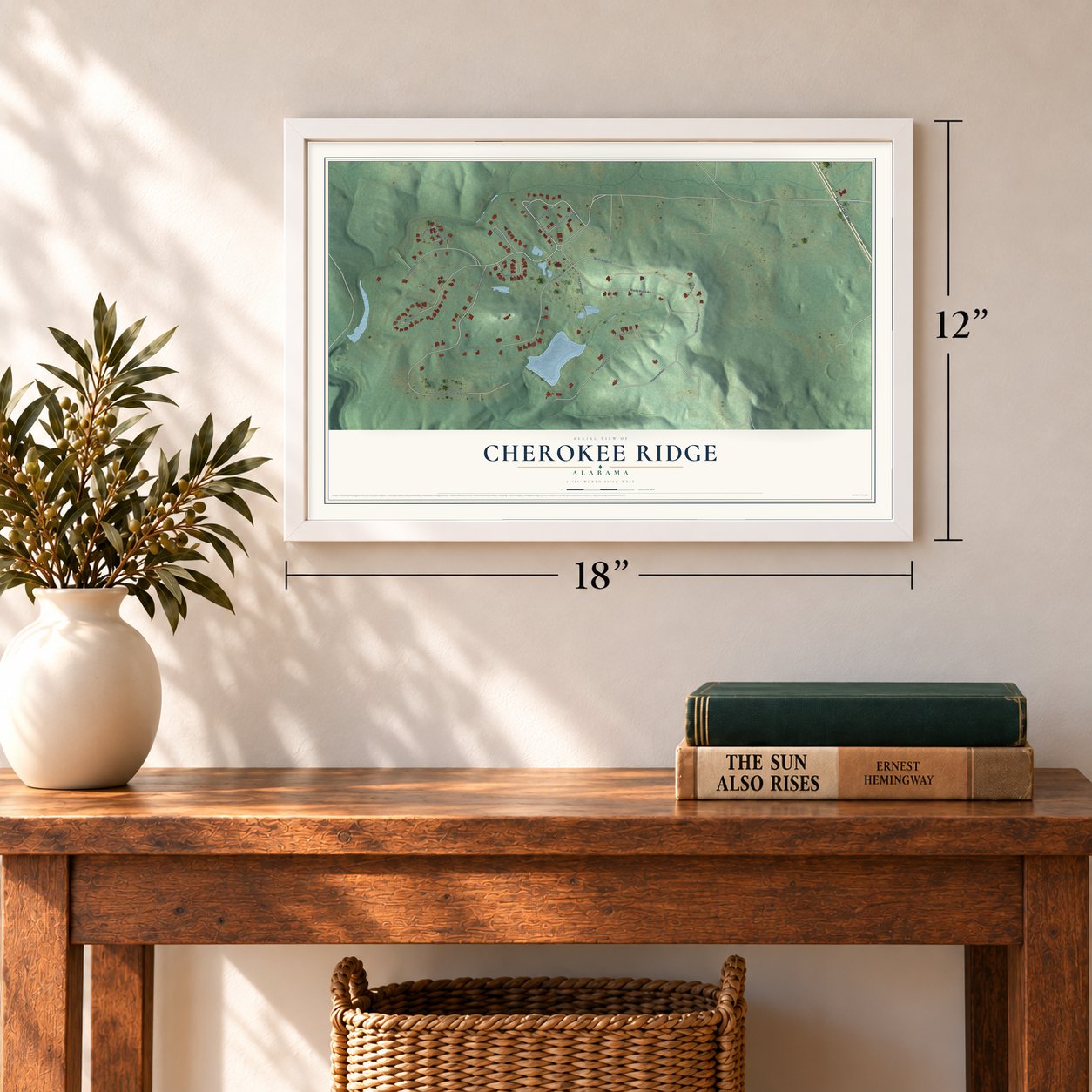 Cherokee Ridge, Alabama map, 12 x 18 inch print in a white frame in an entryway