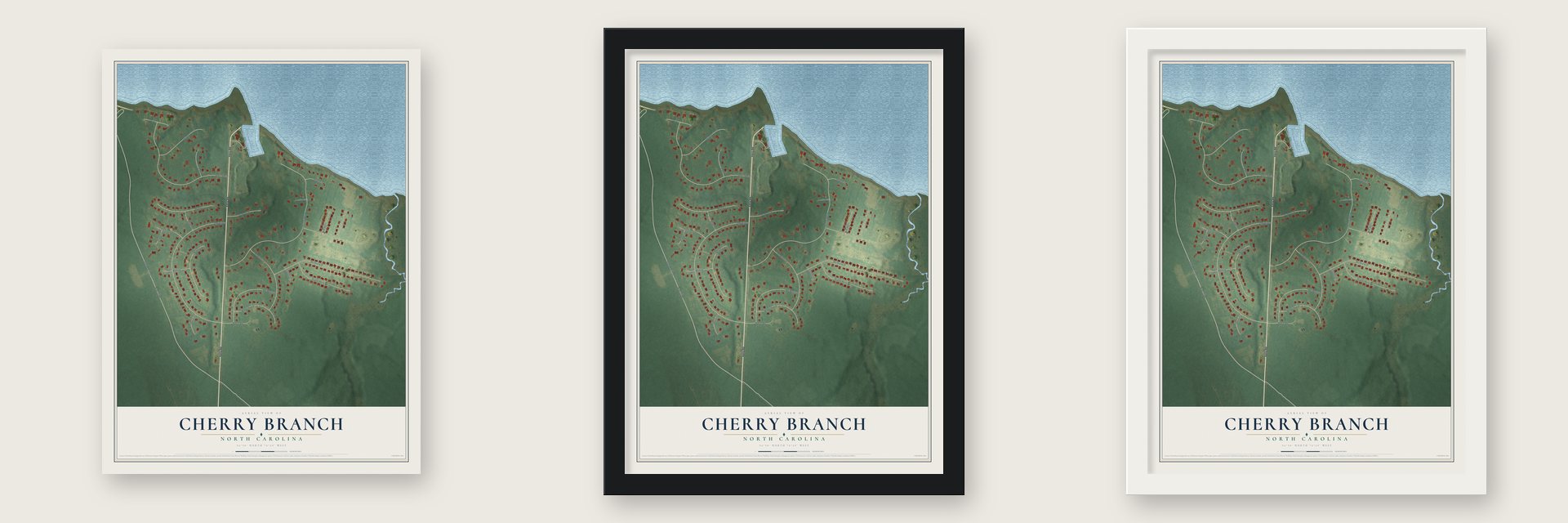 Cherry Branch, North Carolina map unframed, in a black wood frame and in a white wood frame