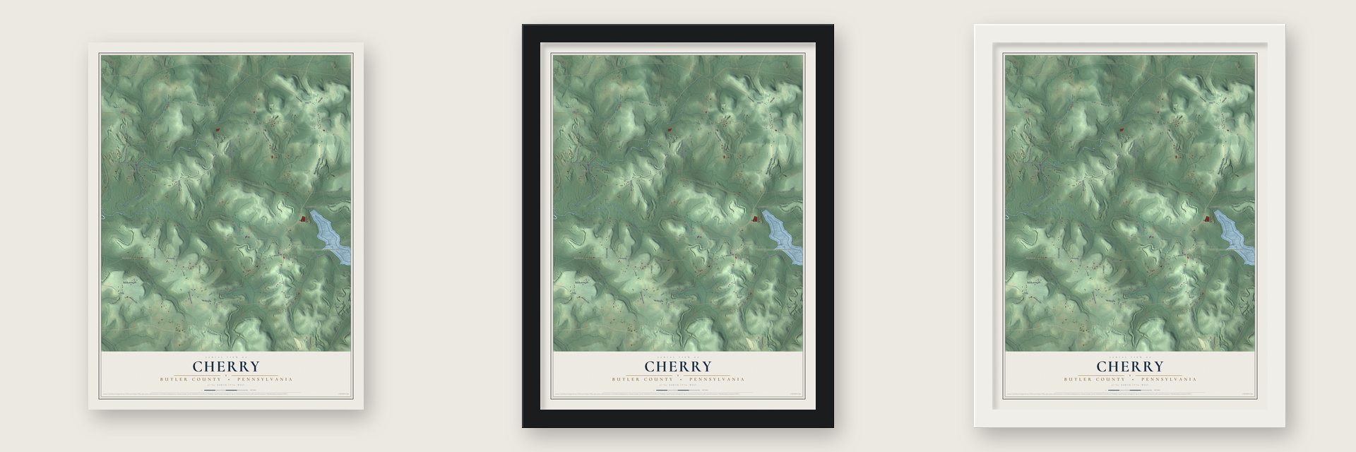 Cherry, Butler County, Pennsylvania map unframed, in a black wood frame and in a white wood frame