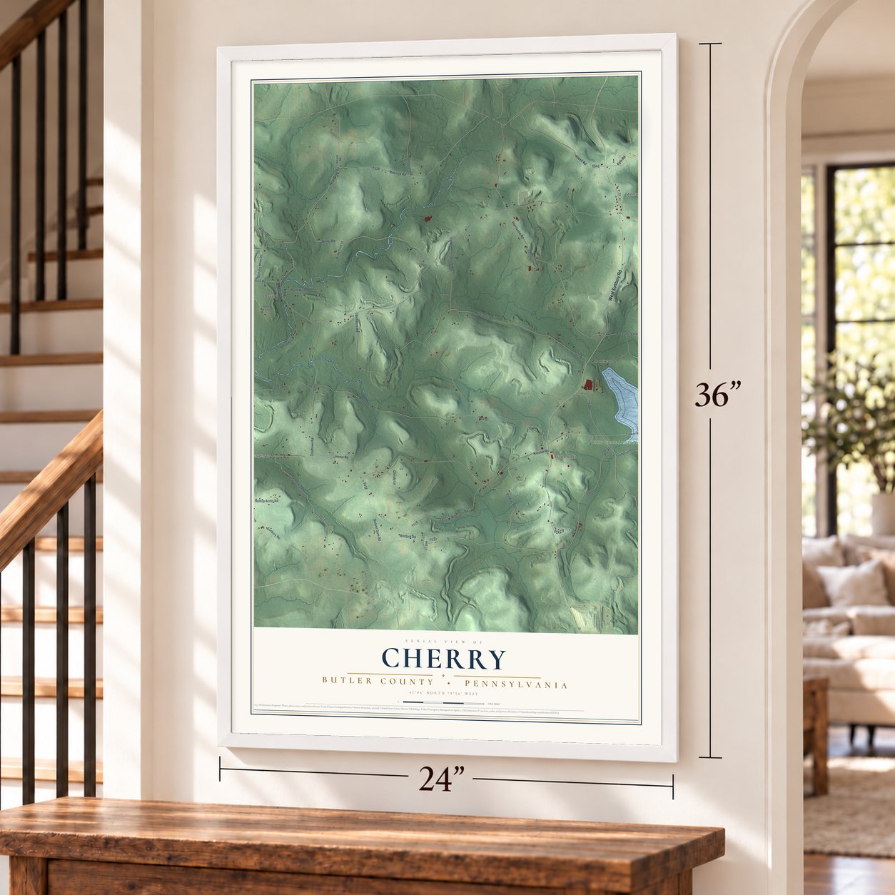Cherry, Butler County, Pennsylvania map, 24 x 36 inch print in a white frame by a staircase