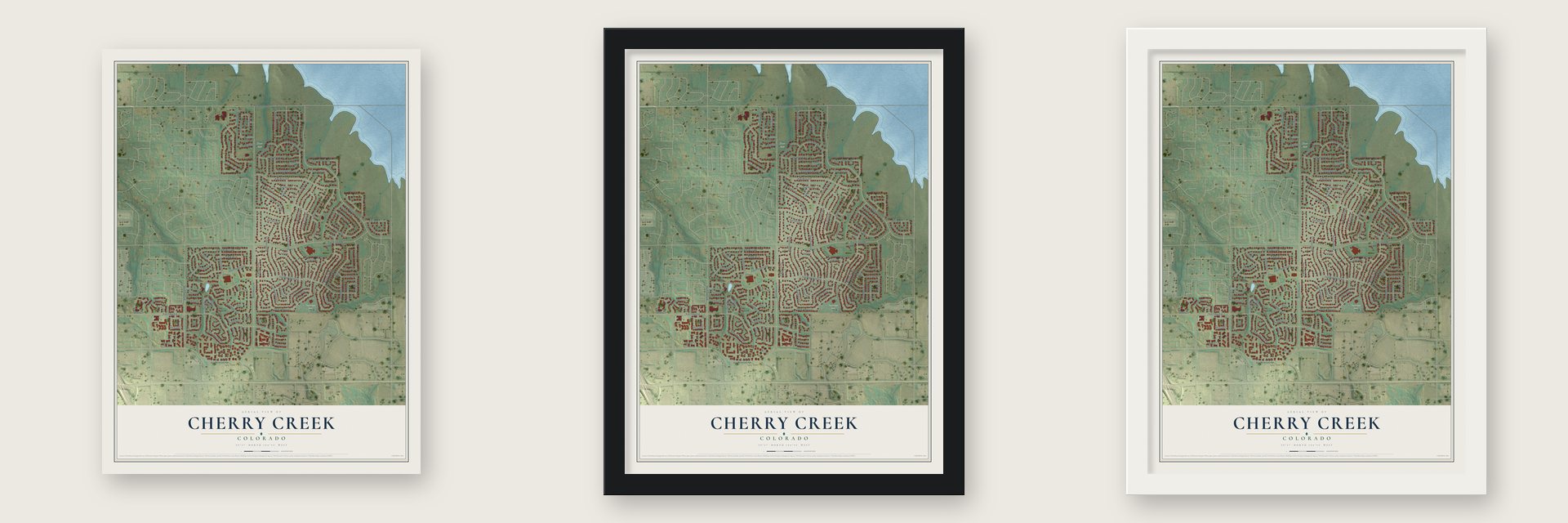 Cherry Creek, Colorado map unframed, in a black wood frame and in a white wood frame