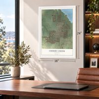 Cherry Creek, Colorado map, 18 x 24 inch print in a white frame in a home office
