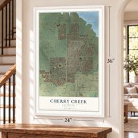 Cherry Creek, Colorado map, 24 x 36 inch print in a white frame by a staircase