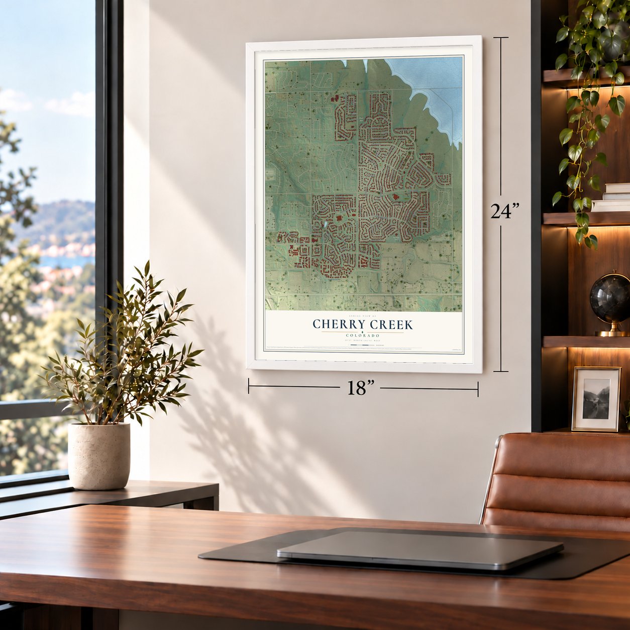 Cherry Creek, Colorado map, 18 x 24 inch print in a white frame in a home office