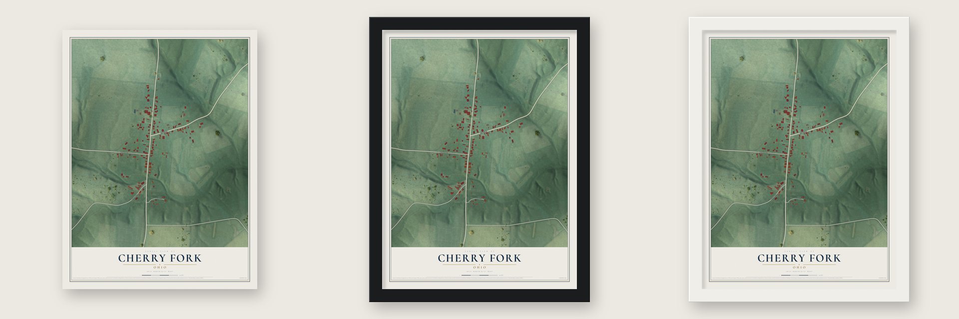 Cherry Fork, Ohio map unframed, in a black wood frame and in a white wood frame