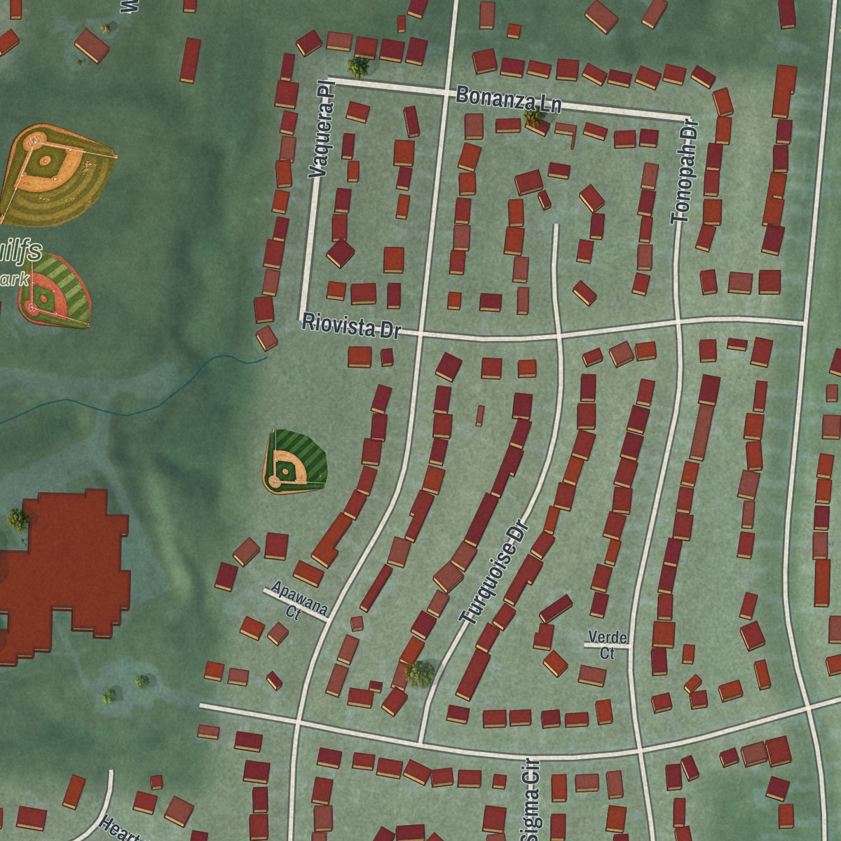 Second close-up of the map of Cherry Grove, Ohio print showing more streets and buildings