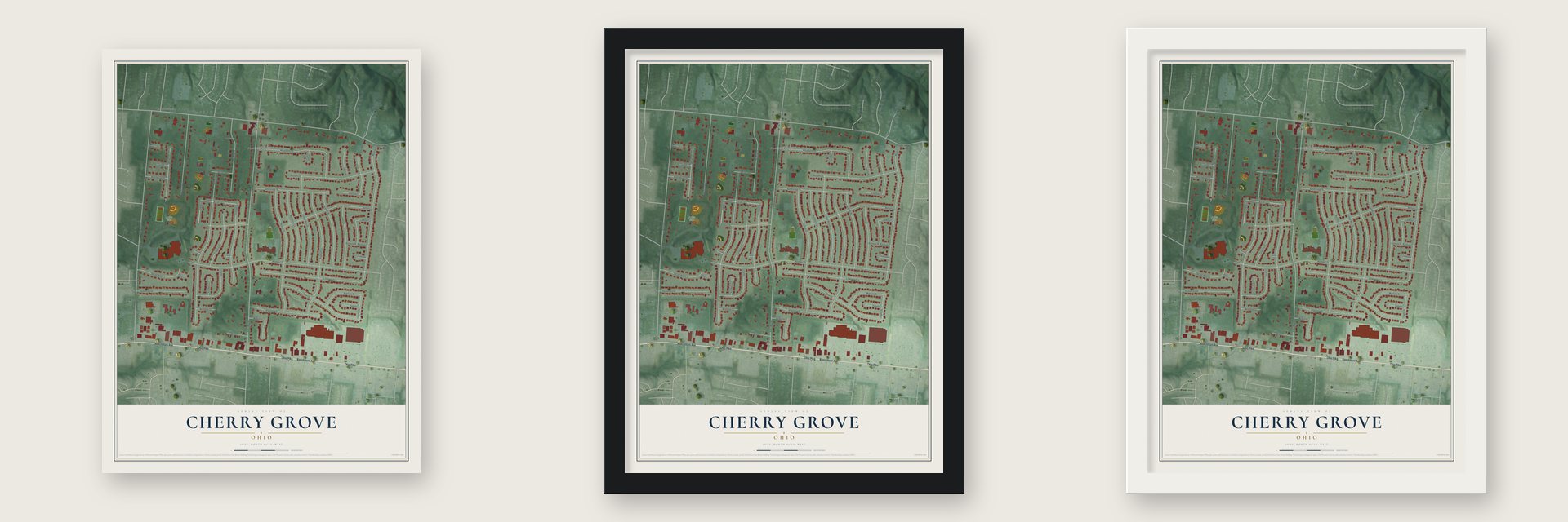Cherry Grove, Ohio map unframed, in a black wood frame and in a white wood frame